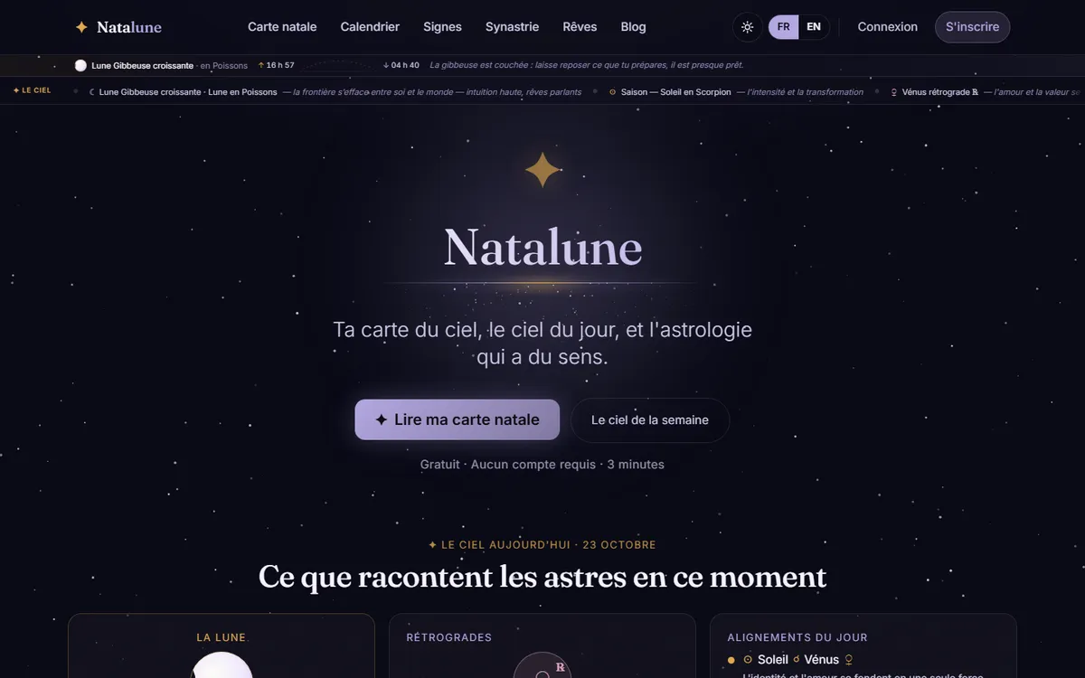 Page d'accueil de natalune.com : un ciel étoilé et le titre Natalune.