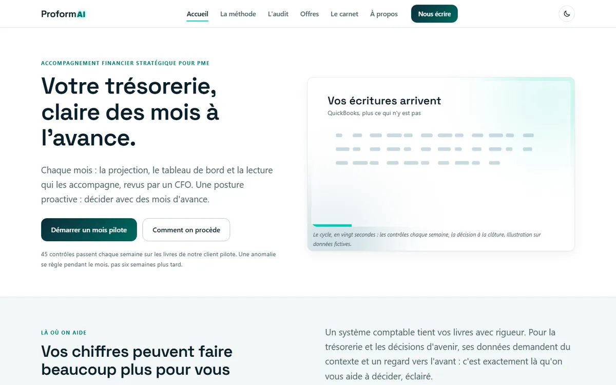 Page d'accueil de proformai.ca : « Votre trésorerie, claire des mois à l'avance. »